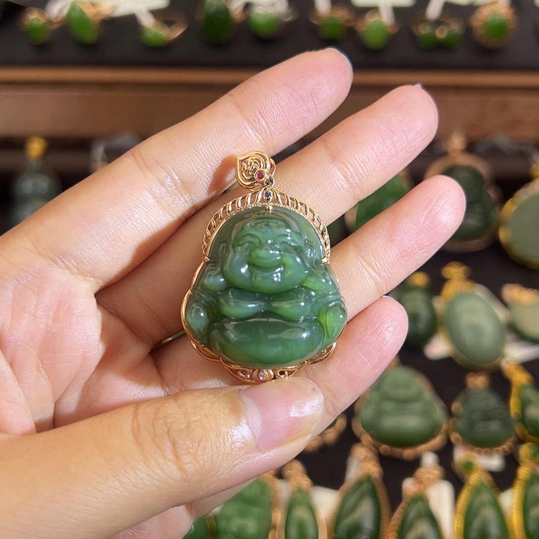 和田玉（碧玉）18K金镶嵌吊坠(不含链)