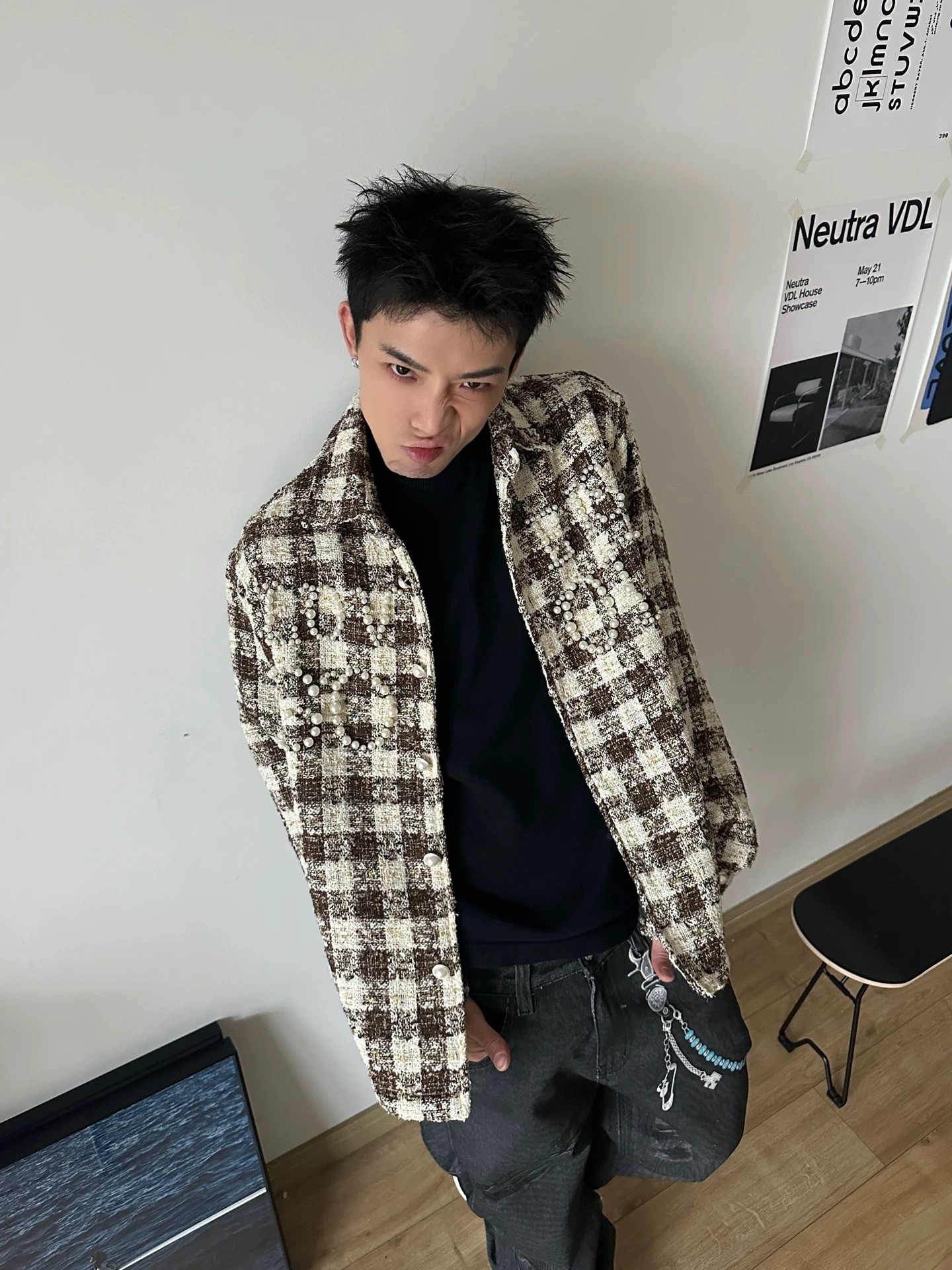 GOOD耐脏长袖时尚厚款衬衫休闲秋冬冬季百搭加厚格纹珍珠