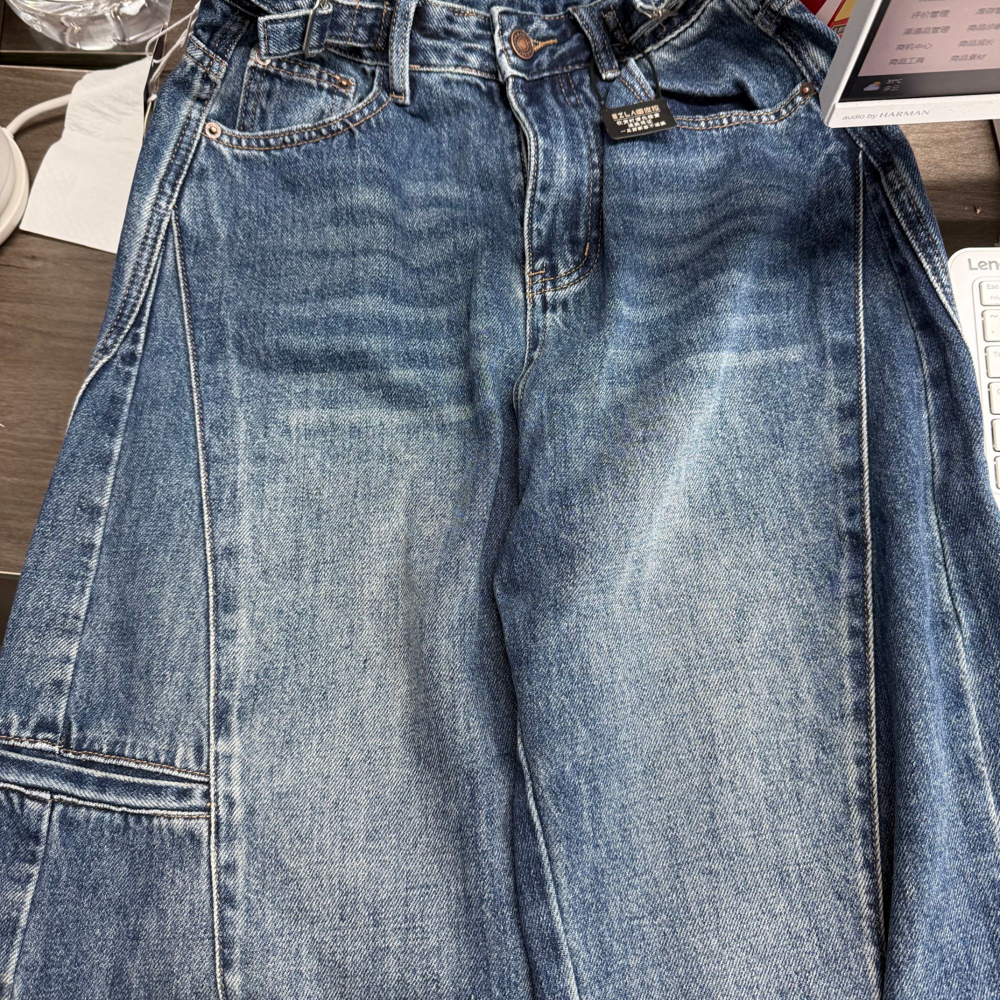 小小苏薄款长裤高腰水洗春季夏季牛仔裤开叉直筒;XECF10065