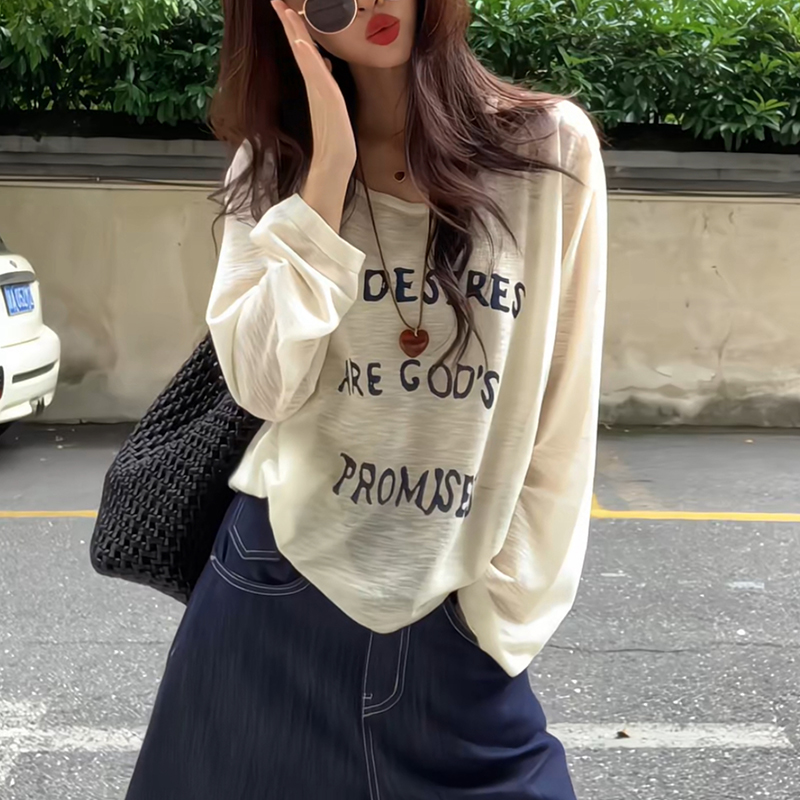 【设计感字母罩衫】美式复古印花长袖防晒T恤女高级感chic别致上衣