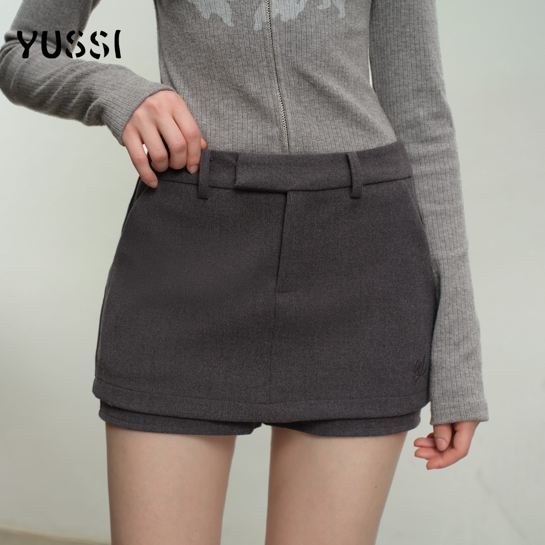 YUSSI气质西装假两件半身裙女秋冬百搭薄呢加厚绣花高腰裤裙