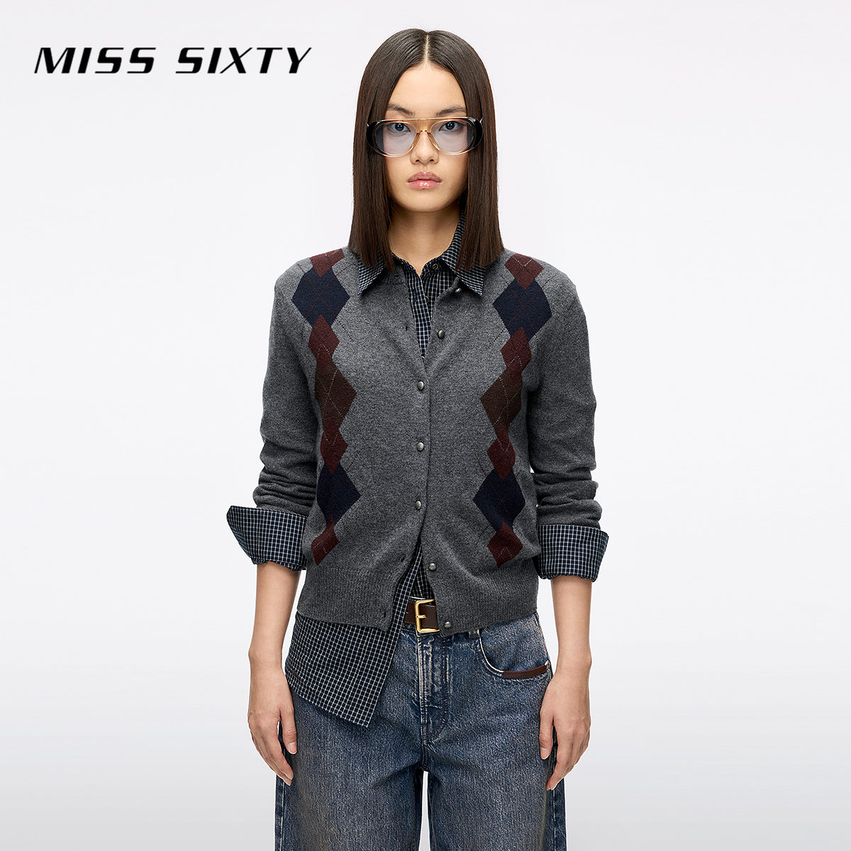 Miss Sixty2025秋季新款绵羊毛山羊绒针织开衫女菱格学院外套毛衣