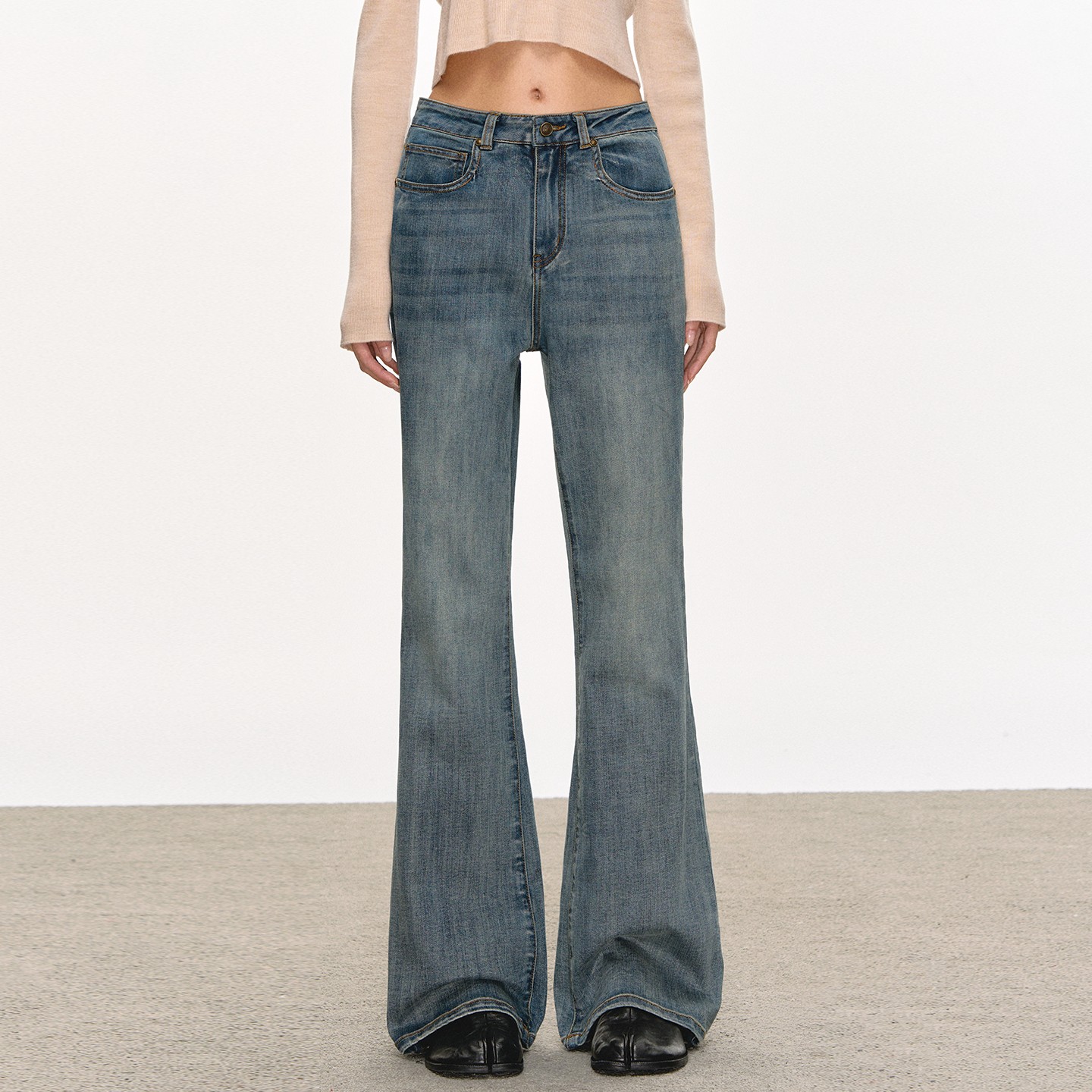 anna aneae做旧中低腰微喇牛仔裤女秋冬季复古蓝色直筒拖地喇叭裤