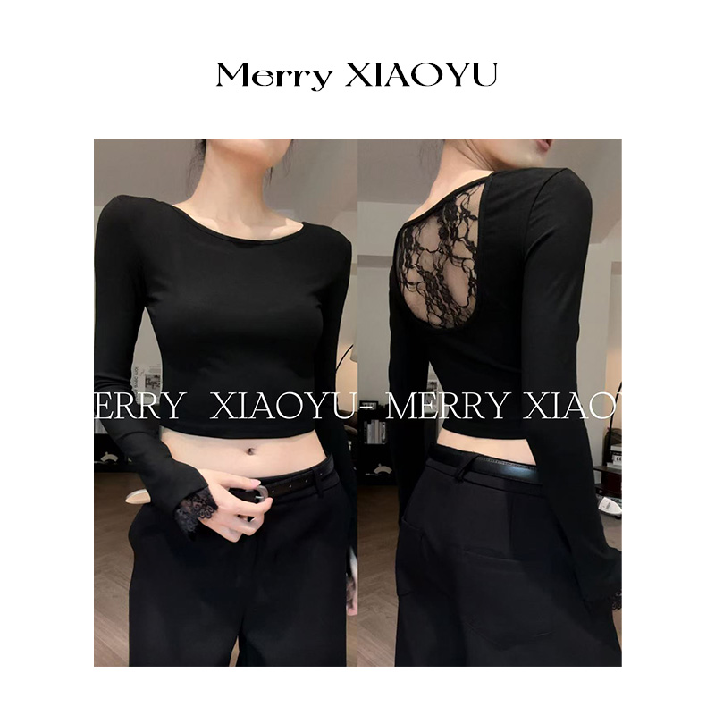【小鱼】辣妹蕾丝拼接设计感长袖小众显瘦黑色百搭气质洋气上衣