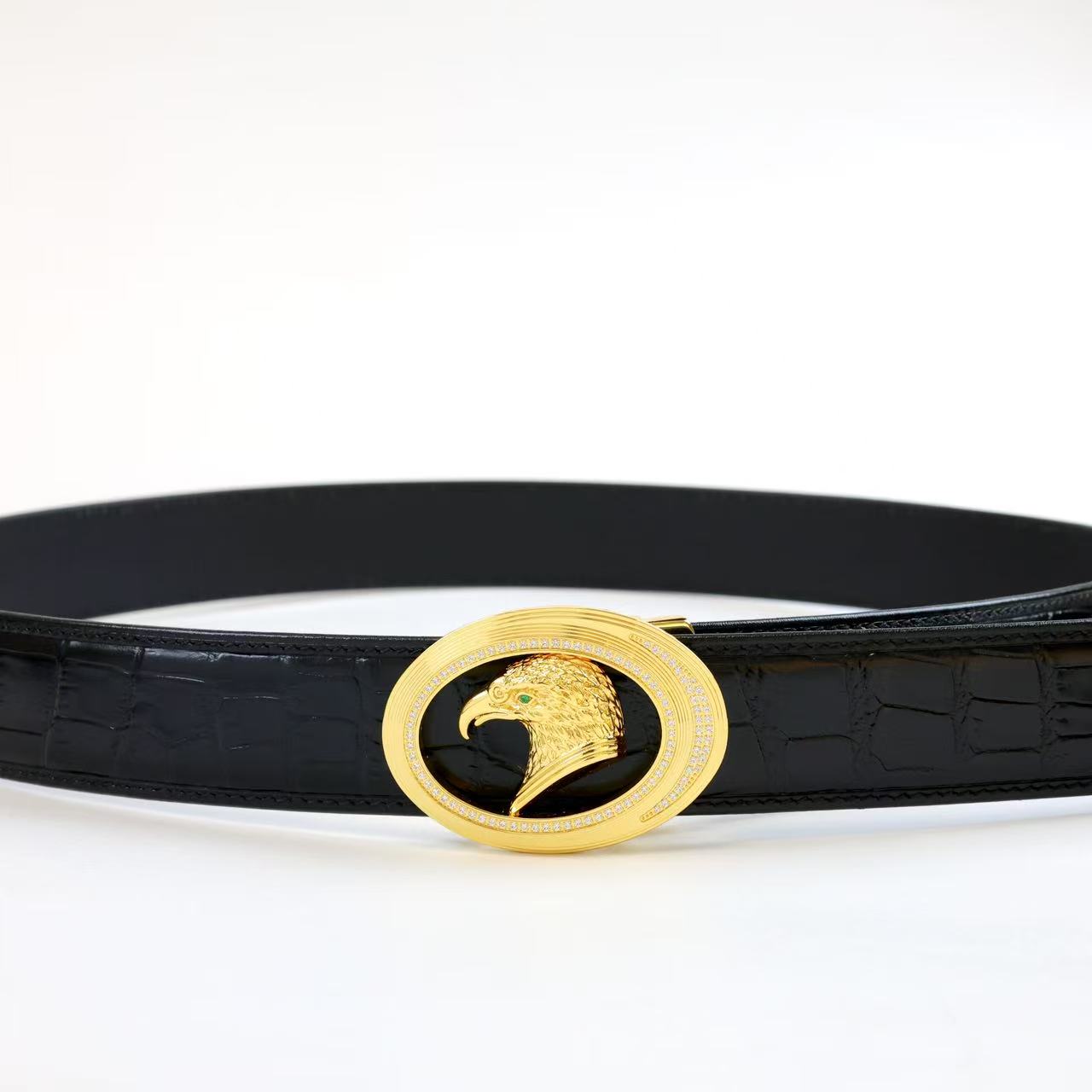 史蒂芬3.8宽自动腰带进口鳄鱼休闲时尚百搭商务鳄鱼皮皮带头扣头