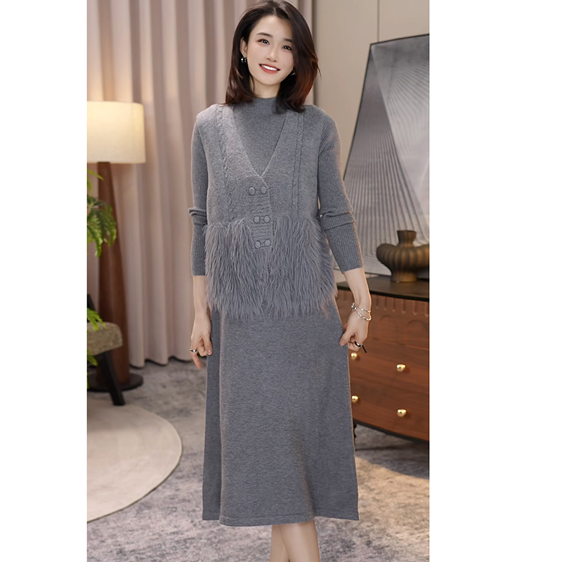 nuobeiyin/诺贝因冬季保暖毛毛针织马甲连衣裙两件件套装NAMM6810