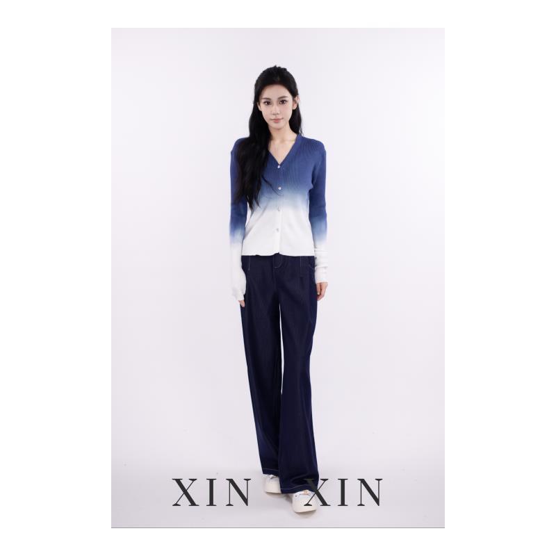XIN XIN【单宁阔影】 窄版半松紧牛仔长裤垂感裤子