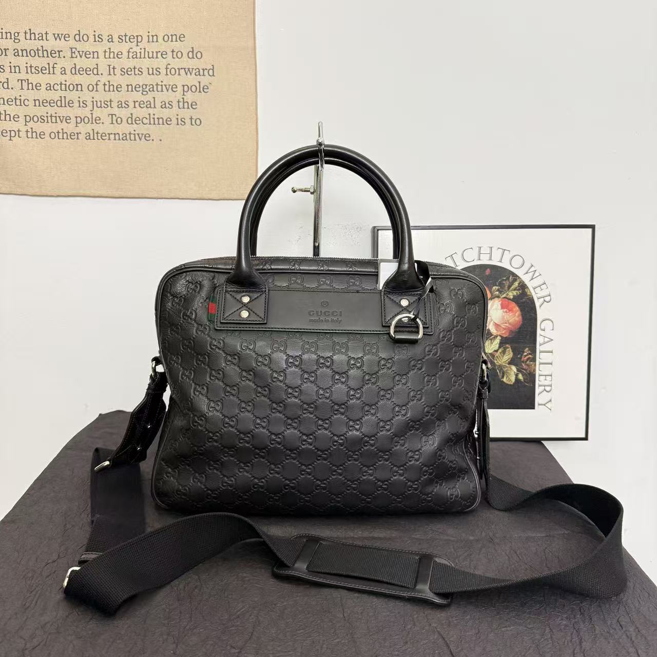 95新 GUCCI/古驰 gucci全皮压纹公文包/斜挎包/手提包/单肩包