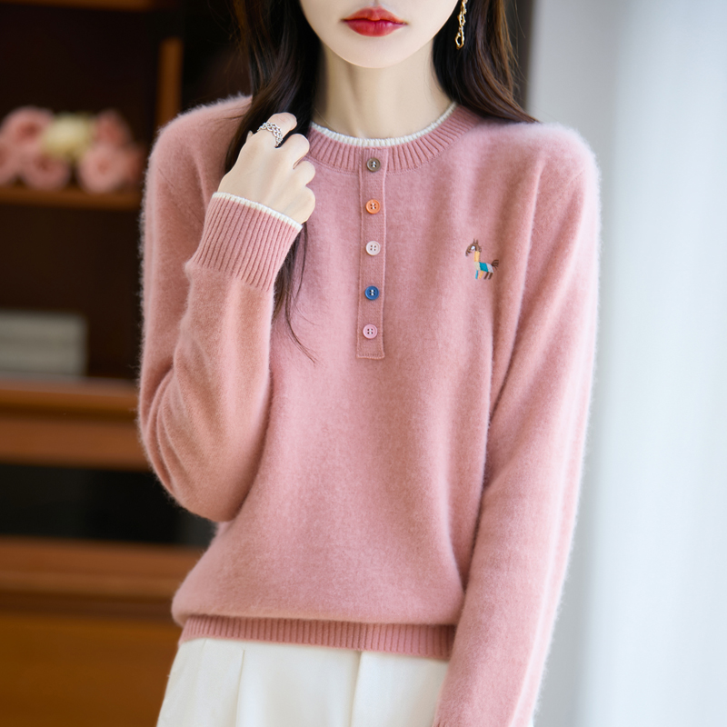 羊毛衫秋冬拼色假两件毛衣女秋冬新款刺绣宽松针织打底衫DMR279