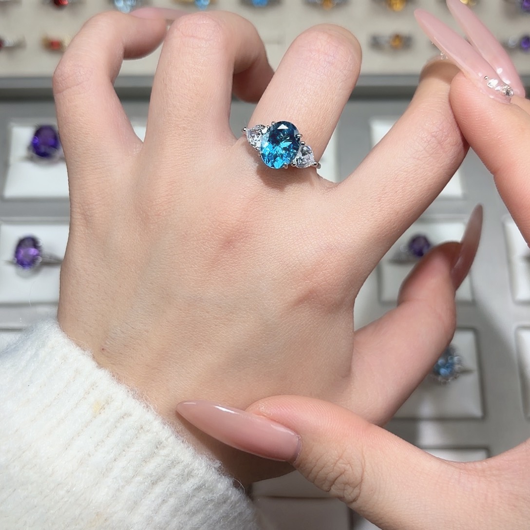 托帕石戒指银S925镶嵌素圈圣玛丽亚蓝