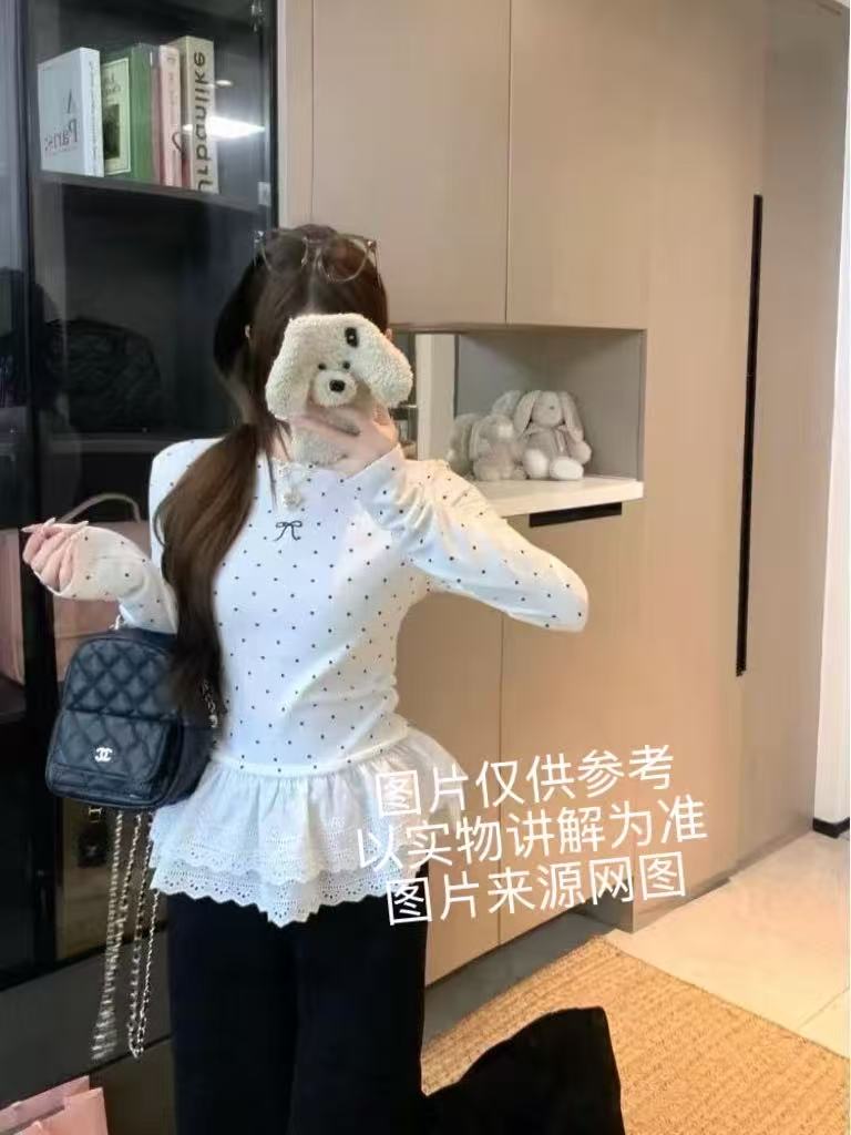 2025冬季新款大码女装韩系甜美风拼接花边长袖打底上衣