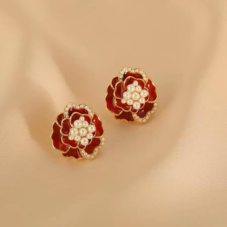 铜合金仿珍珠耳饰 红色山茶花朵新款耳钉130