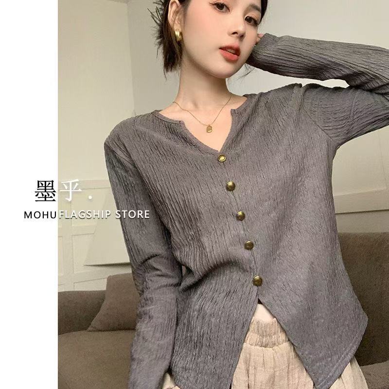 法式纹理感V领长袖