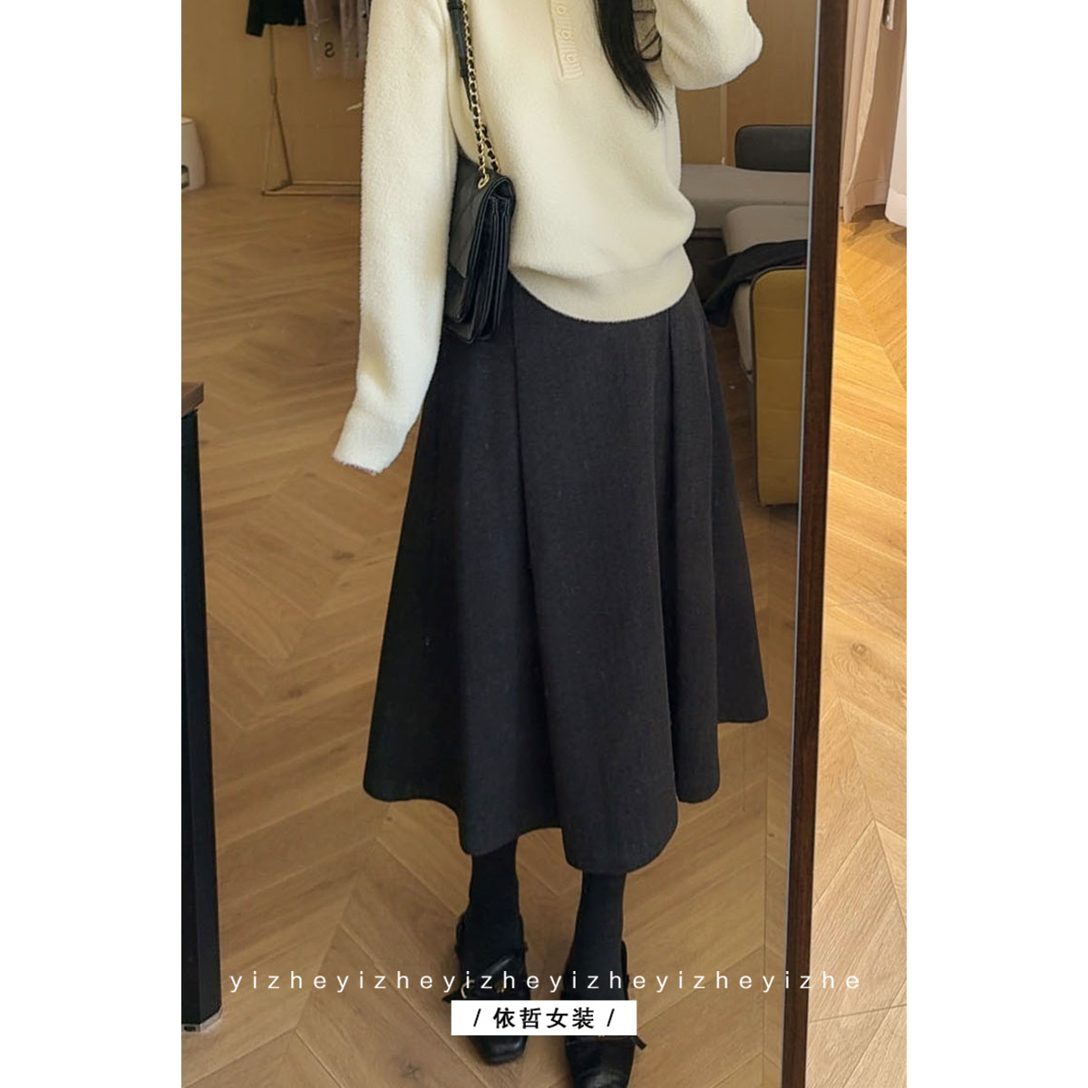 “人字纹半身裙“毛呢半身裙厚款女秋冬呢半身裙显瘦A字半身裙