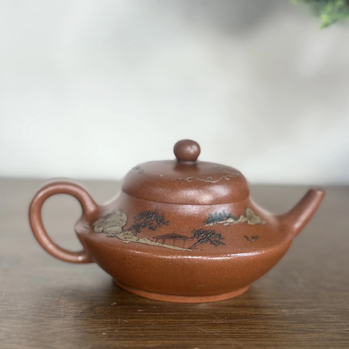 宜兴紫砂壶老朱泥台湾回流收藏精品台湾回流泥绘山水160C