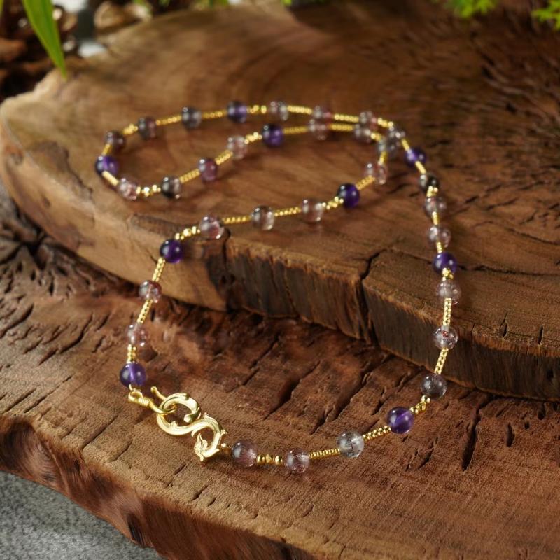 【香掌柜】天然水晶超七配黑加仑朱雀锁骨链【发一件】