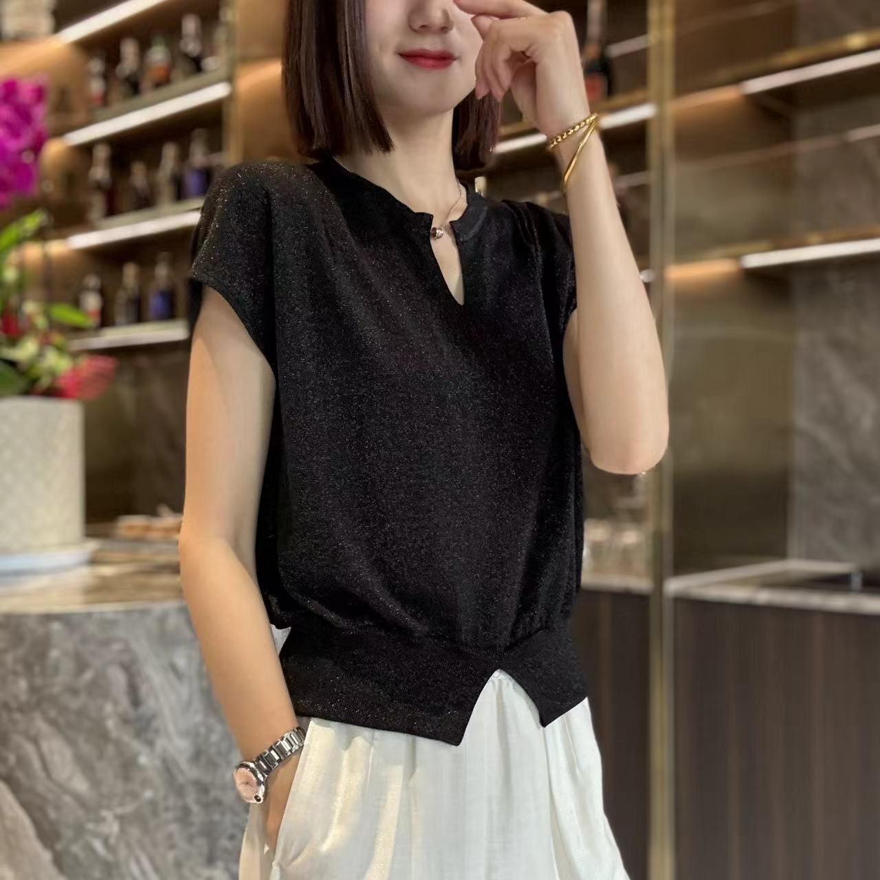 【桑蚕丝+天丝】针织休闲百搭半袖V领T恤MG7129