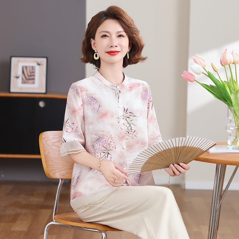 新中式妈妈夏装短袖套装2025新款小衫中老年女装减龄洋气宽松上衣
