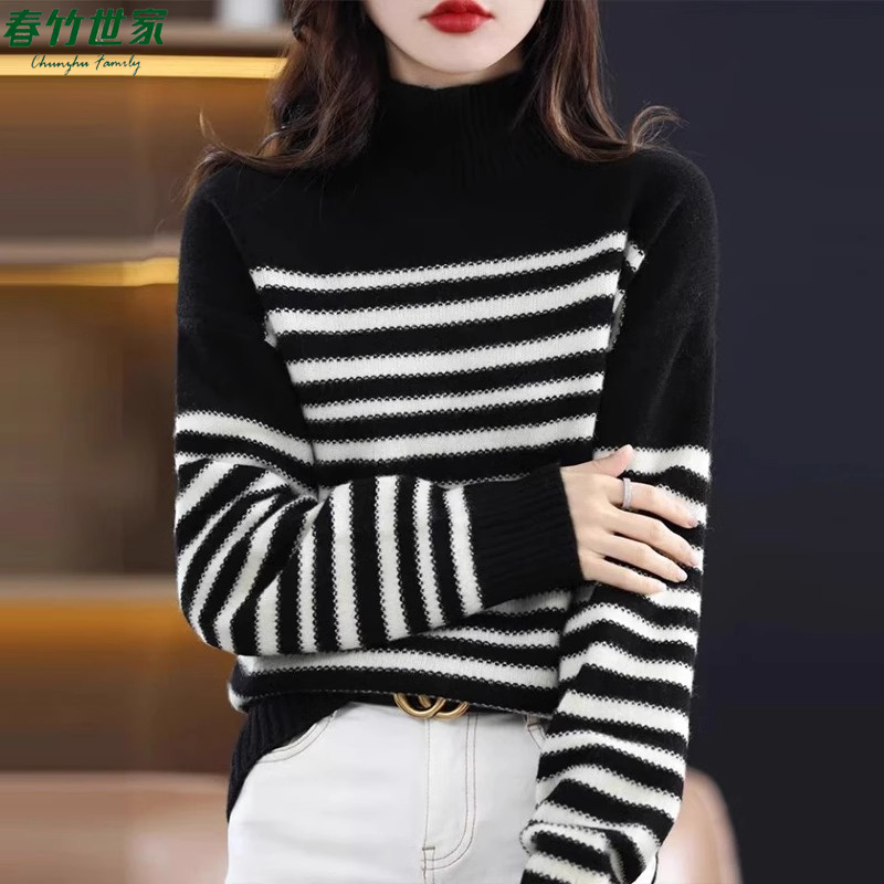 春竹世家高领条纹打底羊毛衫女韩版时尚洋气减龄百搭针织上衣