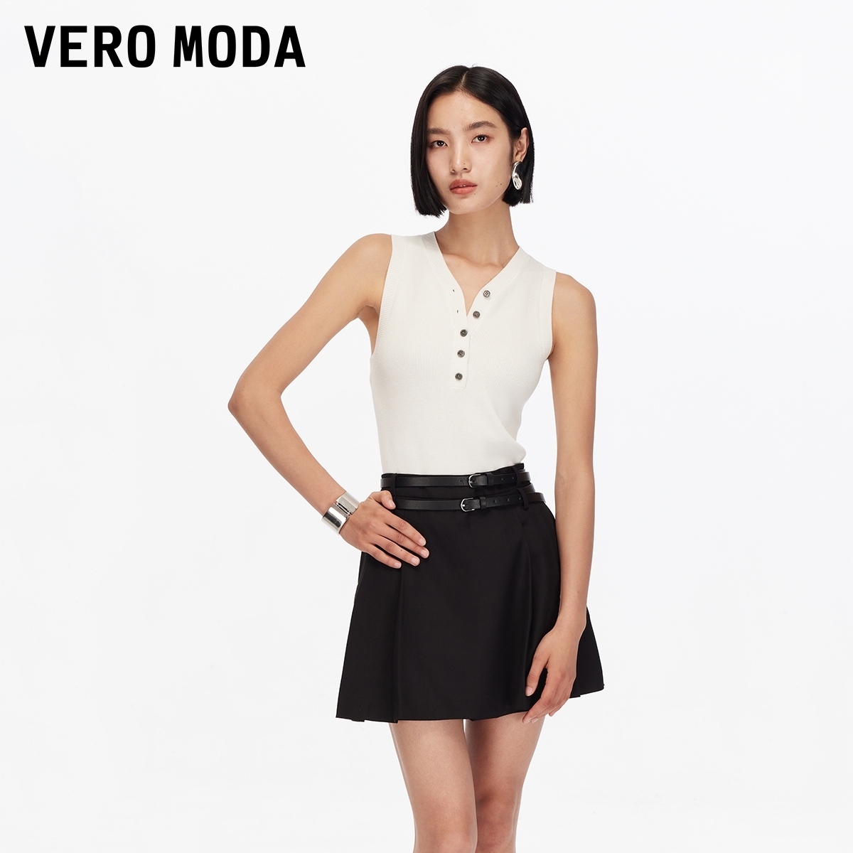 Vero Moda短裤2025高腰显瘦双腰带设计百褶裙裤甜美可爱风格衣服