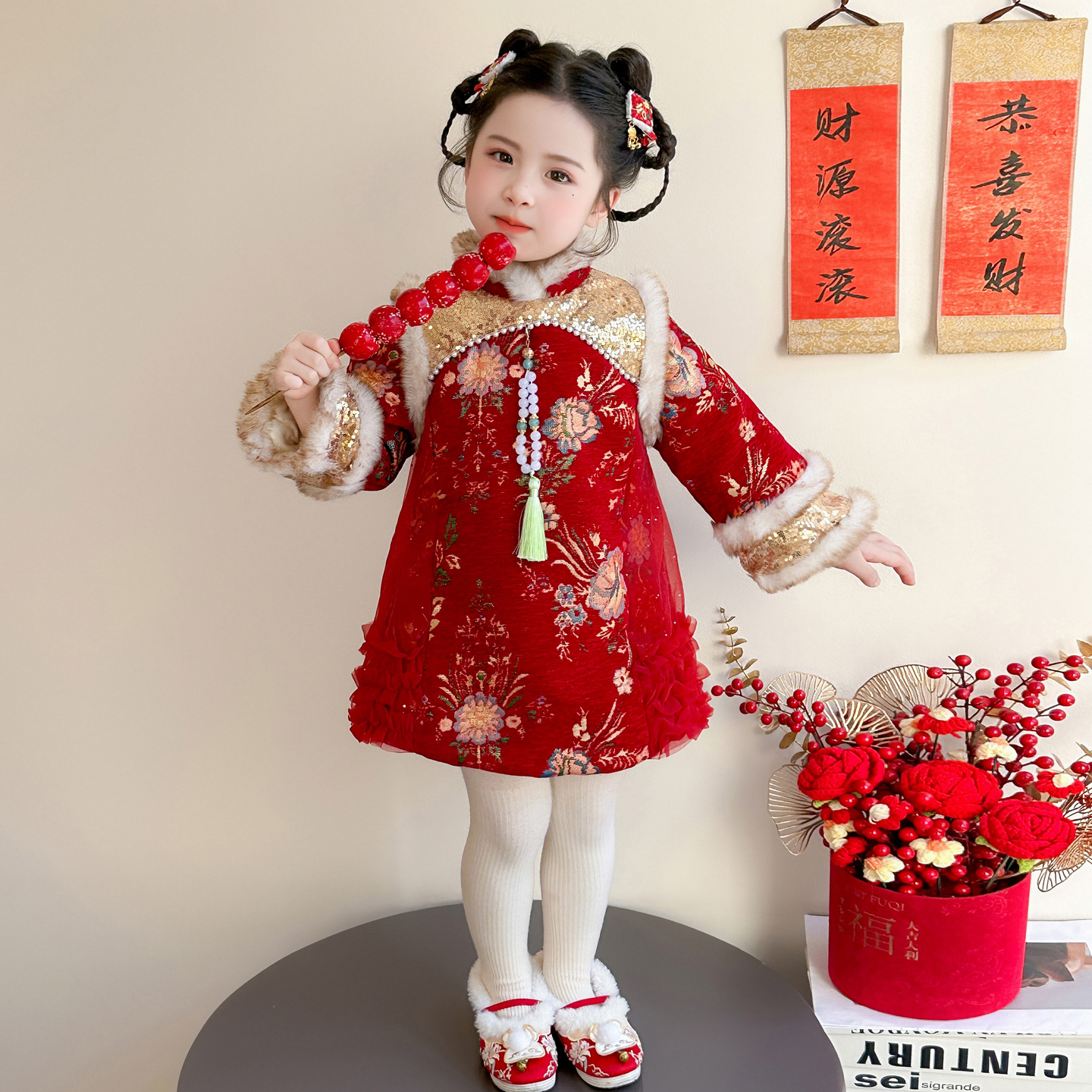 女童加厚年服连衣裙冬装2025新款儿童中国风旗袍裙宝宝冬季表演服