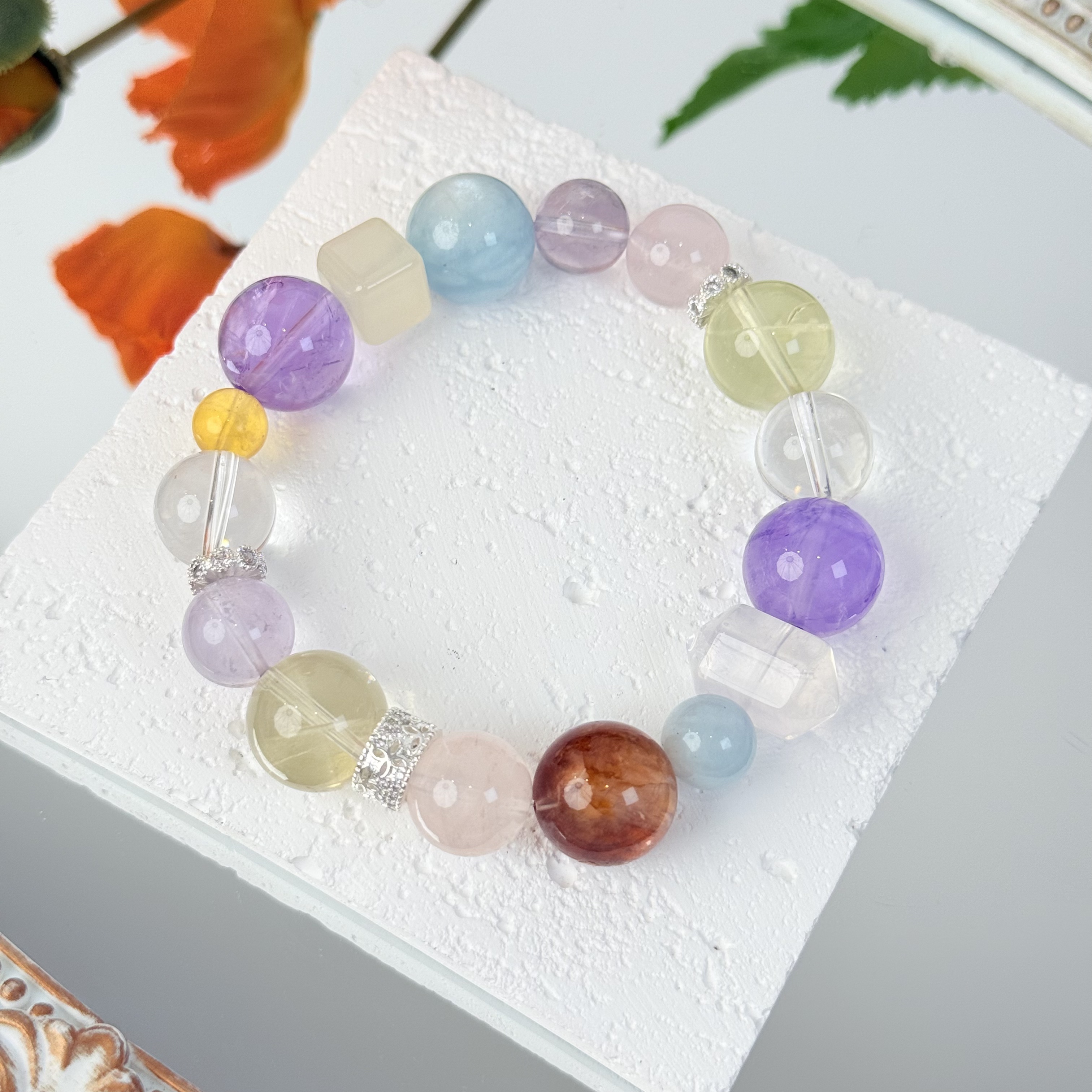 【1364 莫奈花园】紫水白水粉晶多宝9-14mm手串面小仙多样性发其一Z