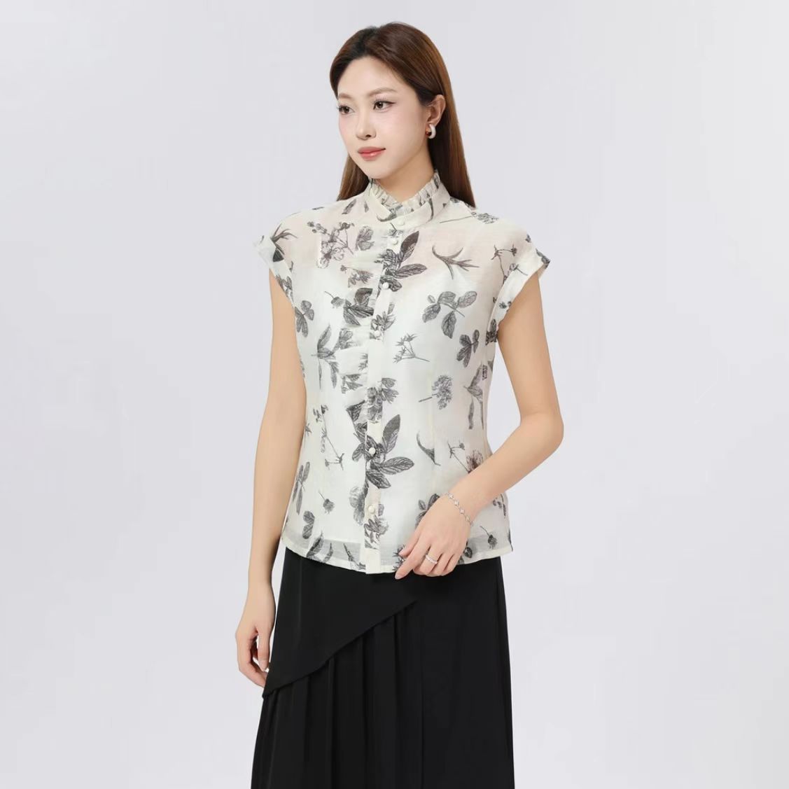 GIRDEAR/哥弟新款衬衫通勤轻薄女百搭夏季新中式印花无袖130023