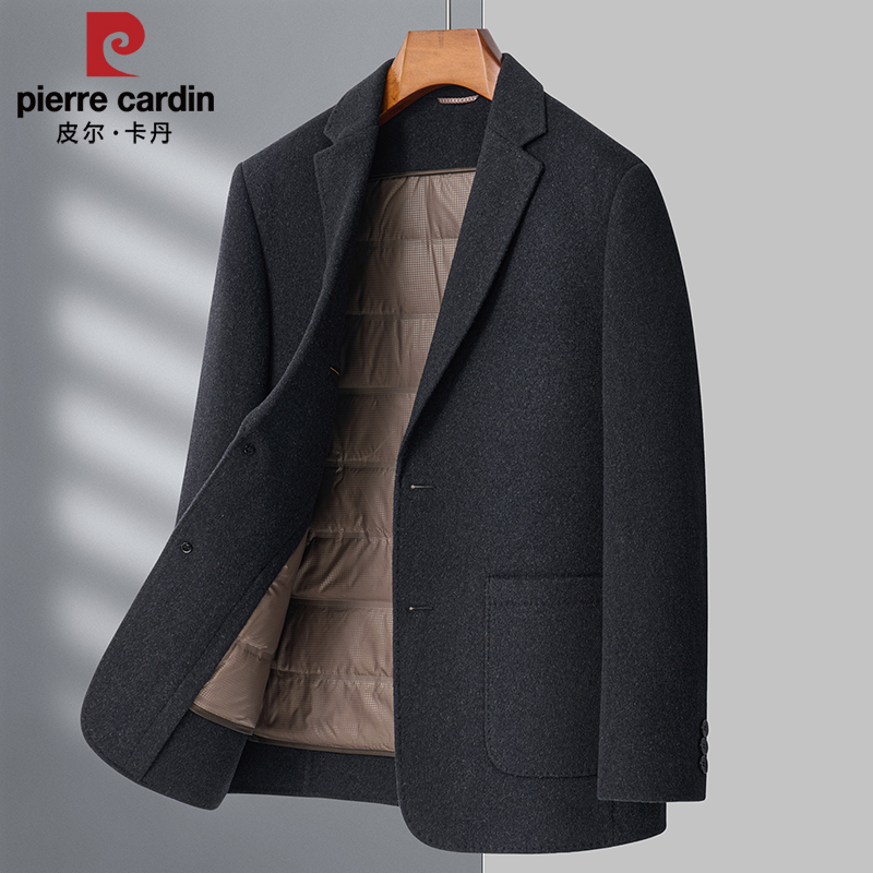 皮尔卡丹男士加厚羽绒西服秋冬高档羊毛内胆韩版毛呢西装休闲外套