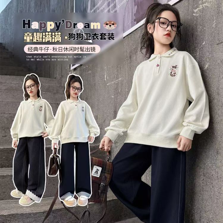 女童春秋卫衣套装2025新款女中大童秋季洋气polo领上衣牛仔两件套