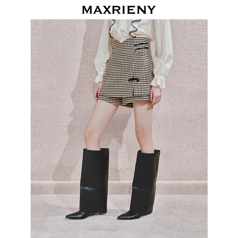 MAXRIENY经典黑白格纹时尚复古盘扣短裤2024秋冬新款收腰修身裤裙