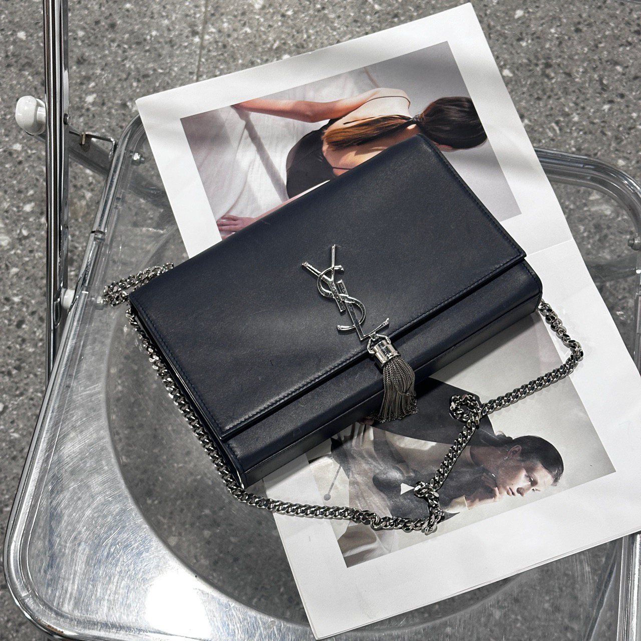 95新 YSL/圣罗兰 圣罗兰 kate 蓝黑色 流苏斜挎包/95新/聪聪