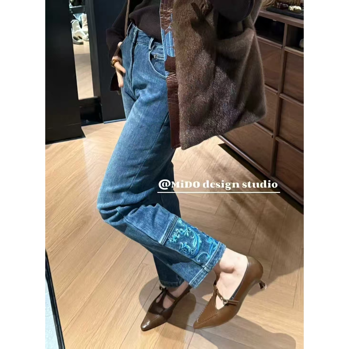 KIKI严选：63371-M家欧货南油秋冬磨毛加厚小众设计刺绣牛仔裤