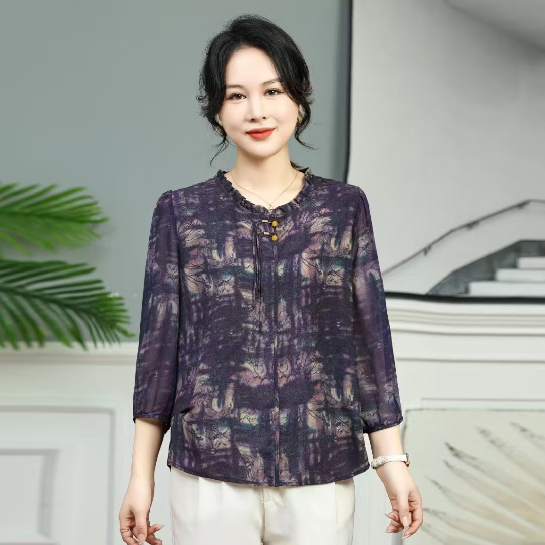 2025年夏季新款小衫薄款宽松中老年女装时尚百搭衬衫妈妈装（21）