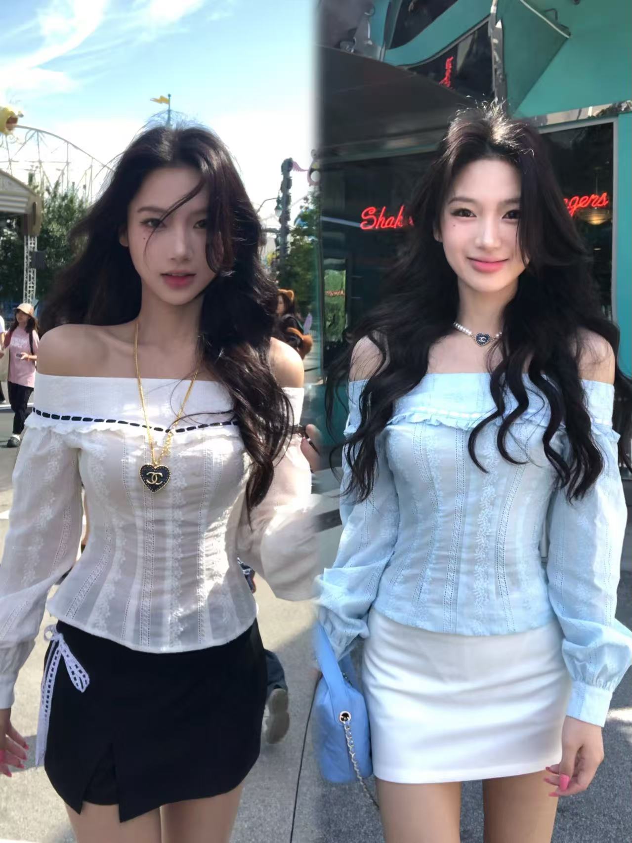 CC SHOP 辣妹一字肩衬衫百搭修身显瘦气质性感精致公主风