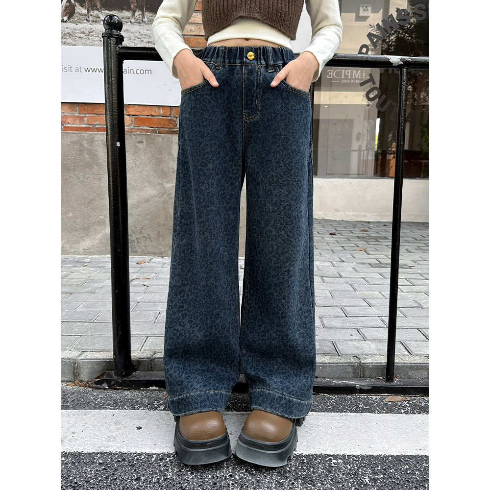 女童牛仔阔腿裤春秋款2025新款洋气女大童宽松豹纹直筒裤长裤