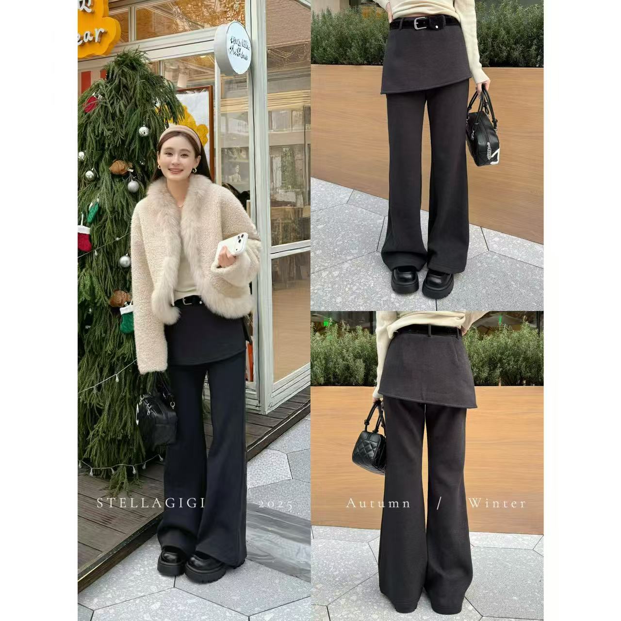 SG / 郭幂幂 AW 韩系高级感 加绒显瘦假两件屁帘微喇裤K-20253063