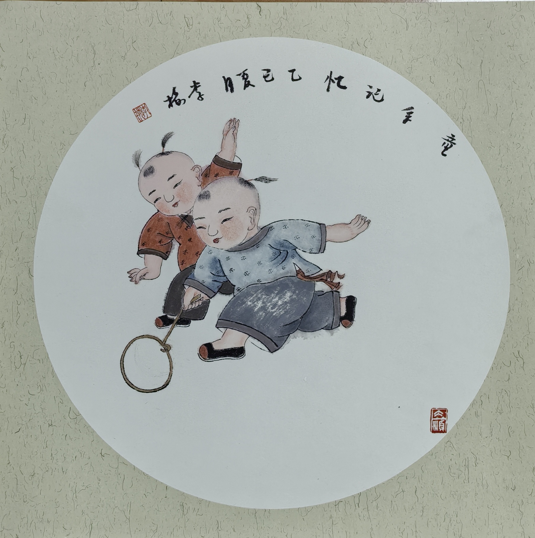 无框工笔画百子图系列38X38cm镜片卡纸