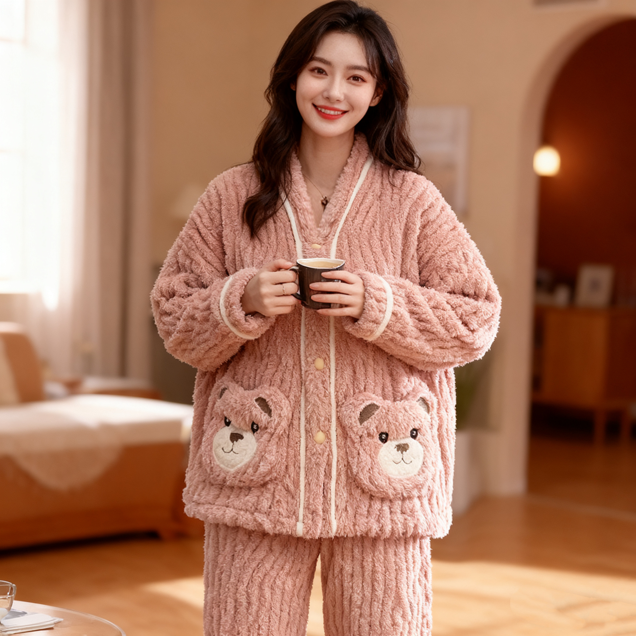 口袋熊竖条纹睡衣女冬季加绒加厚保暖珊瑚绒家居服套装开衫可外穿