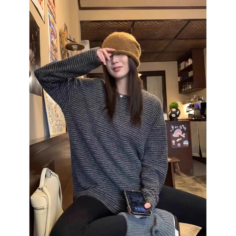 海盐奥利奥慵懒风磨毛绒加厚条纹T恤女2025秋冬宽松休闲上衣5345