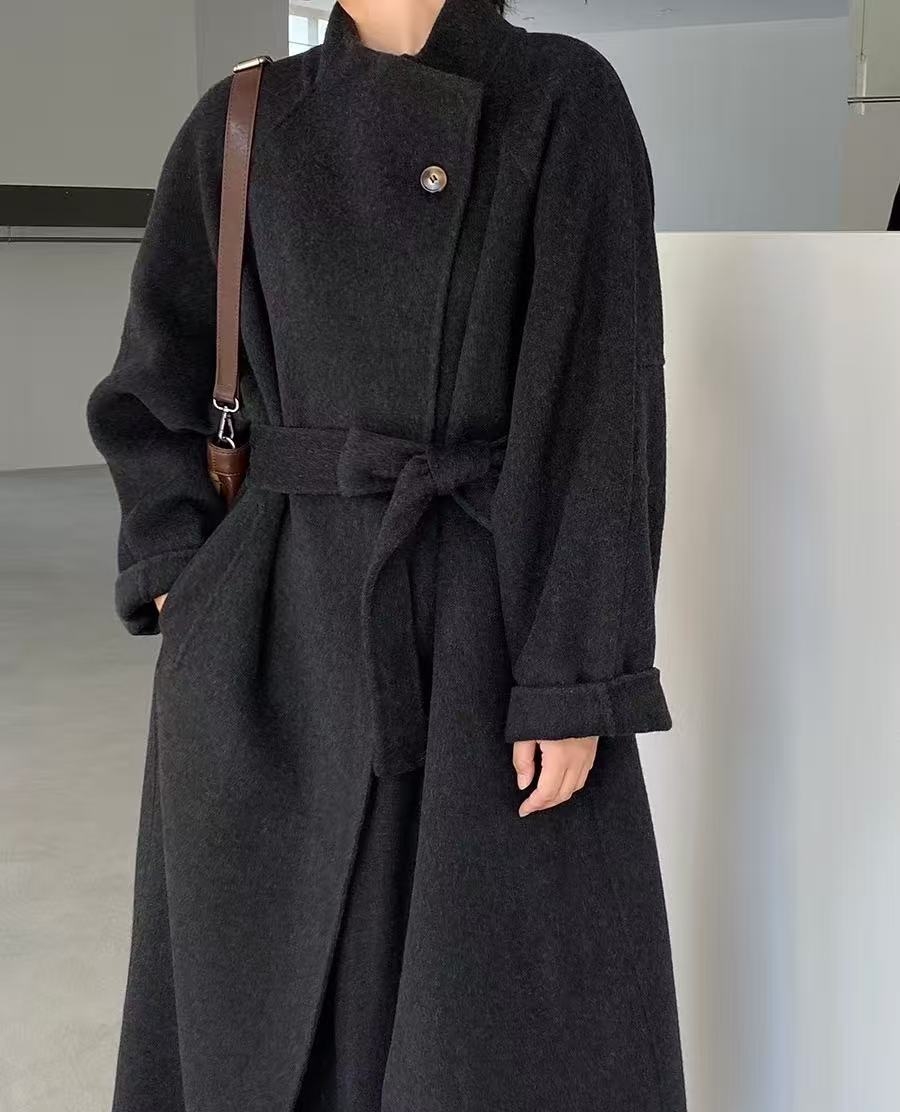 KUNGE-立领毛呢外套简约长款双面呢大衣女士秋冬外套-KG16859