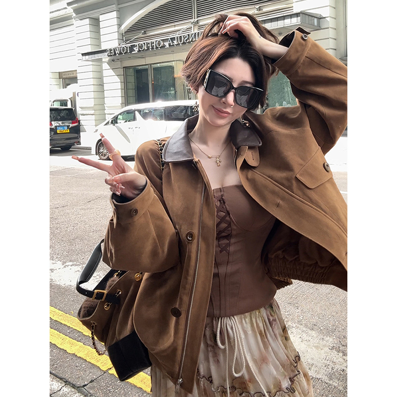 美式复古设计感做旧翻领夹克女2025秋季新款撞色拼接收腰显瘦外套