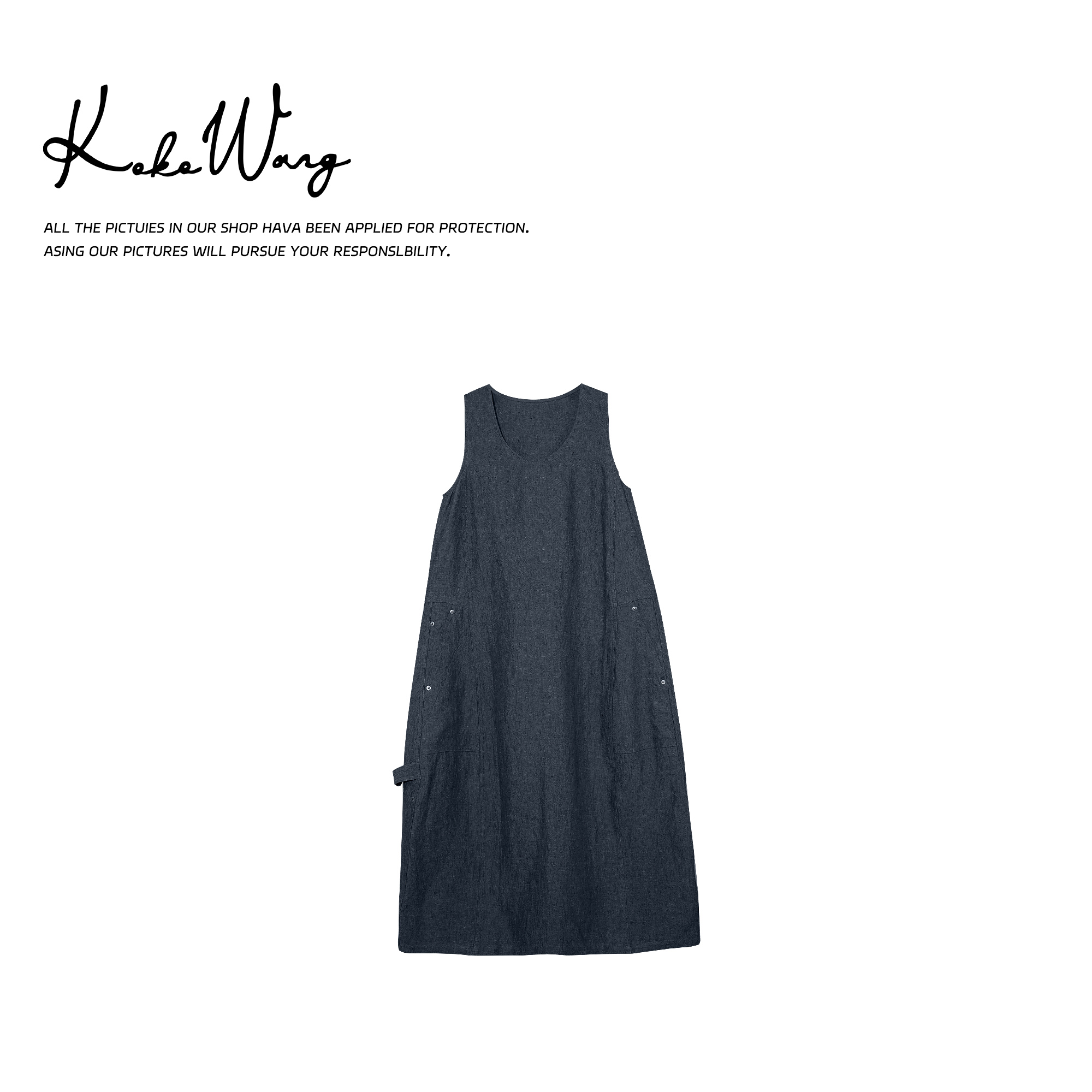 KOKO WANG春夏简约亚麻牛仔中长款U领显瘦工装背心裙525705C17Q44