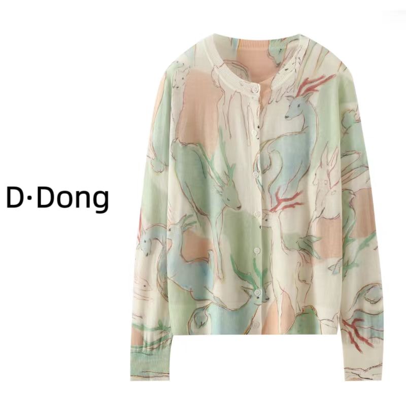 【水溶羊毛  高支细毛】精细高支圆领印花时尚女士休闲宽松羊毛开衫