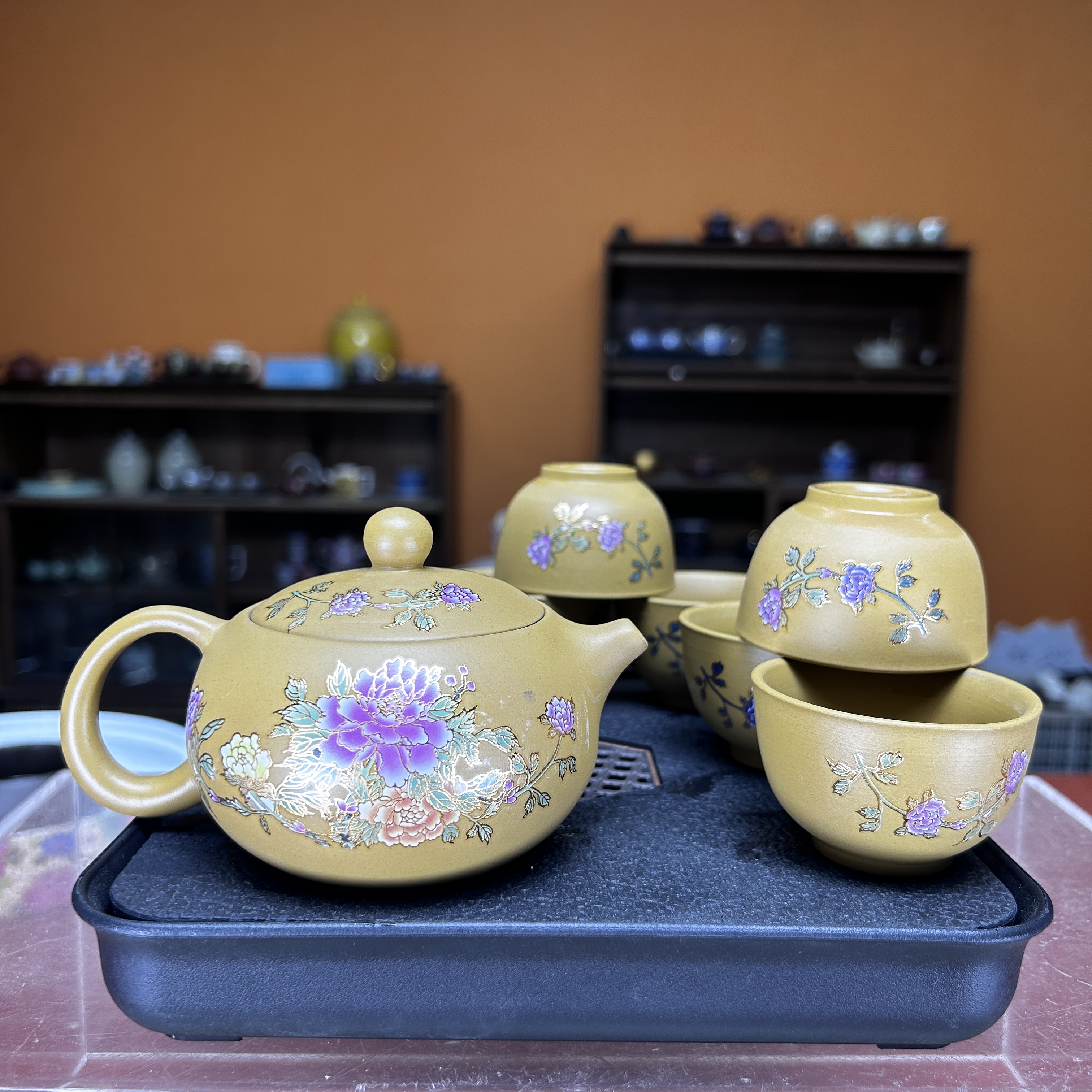 德化云仓 黄段泥【花开富贵-牡丹】西施壶+6杯+盘-2736