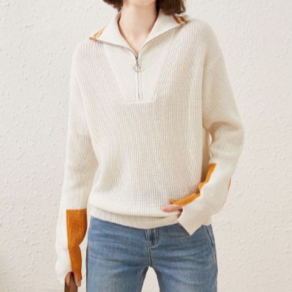 【100%绵羊毛】秋冬厚款撞色设计半拉链女式羊毛衫 7225