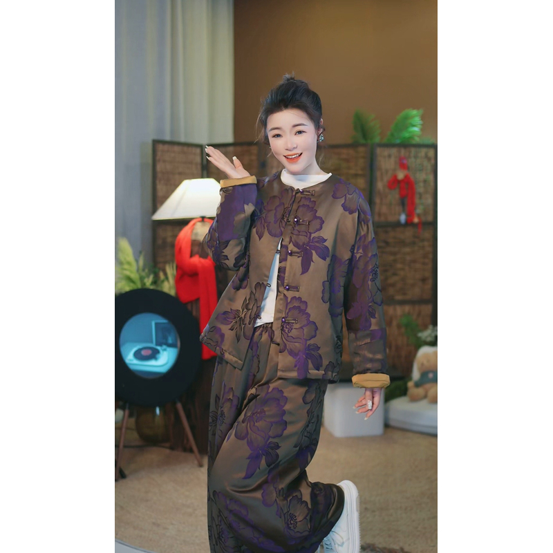 杯子家《紫气东来国花蚕丝棉外套》秋冬保暖新款显白显瘦洋气女款