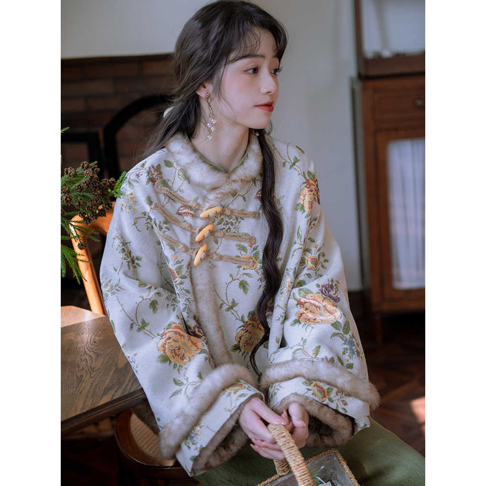 【松莺】复古绣花新中式提花加绒外套加绒阔腿裤少女秋冬套装