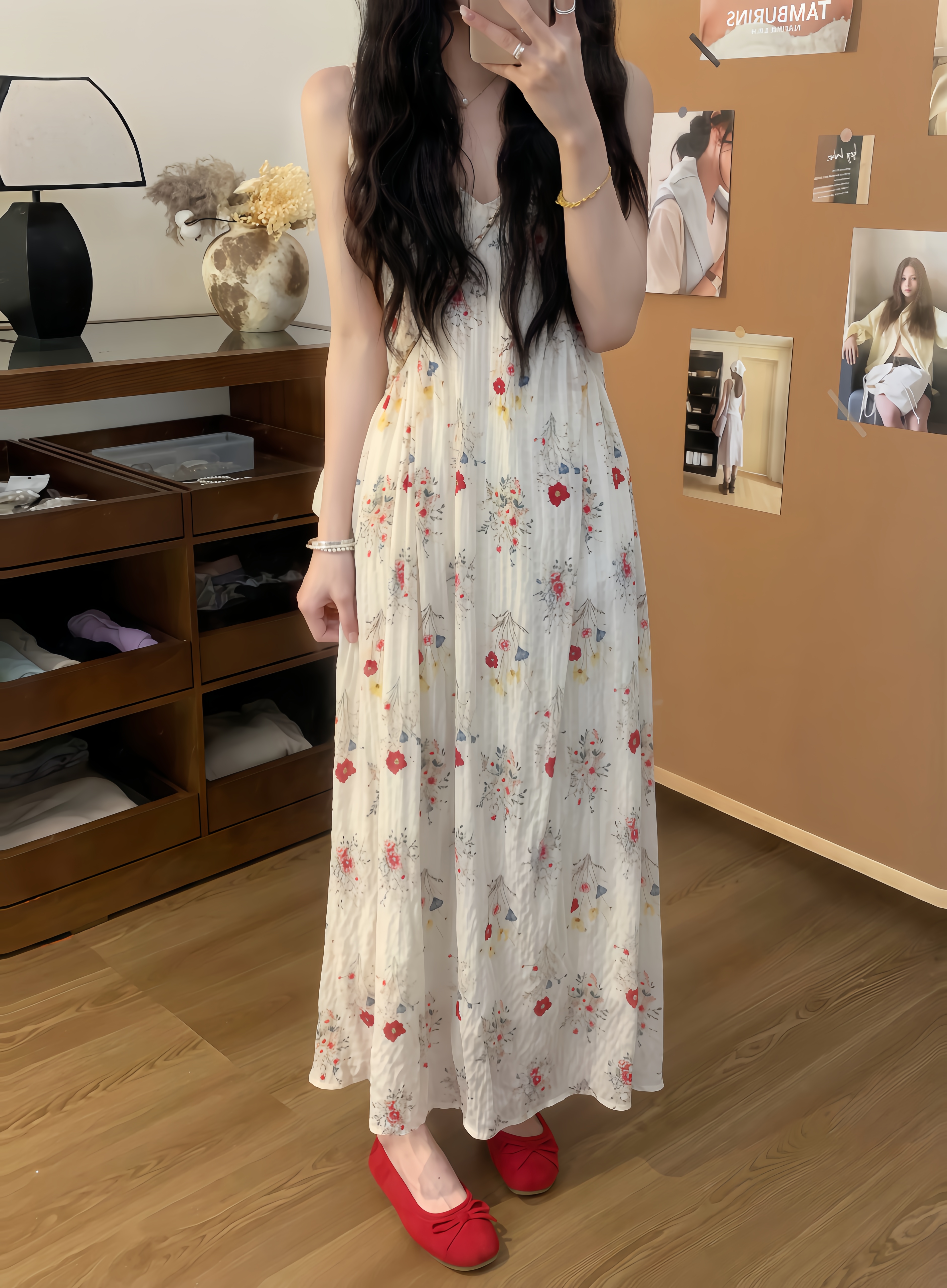 #8234夏日蔷薇仲夏度假裙夏季新款度假风V领吊带长裙女