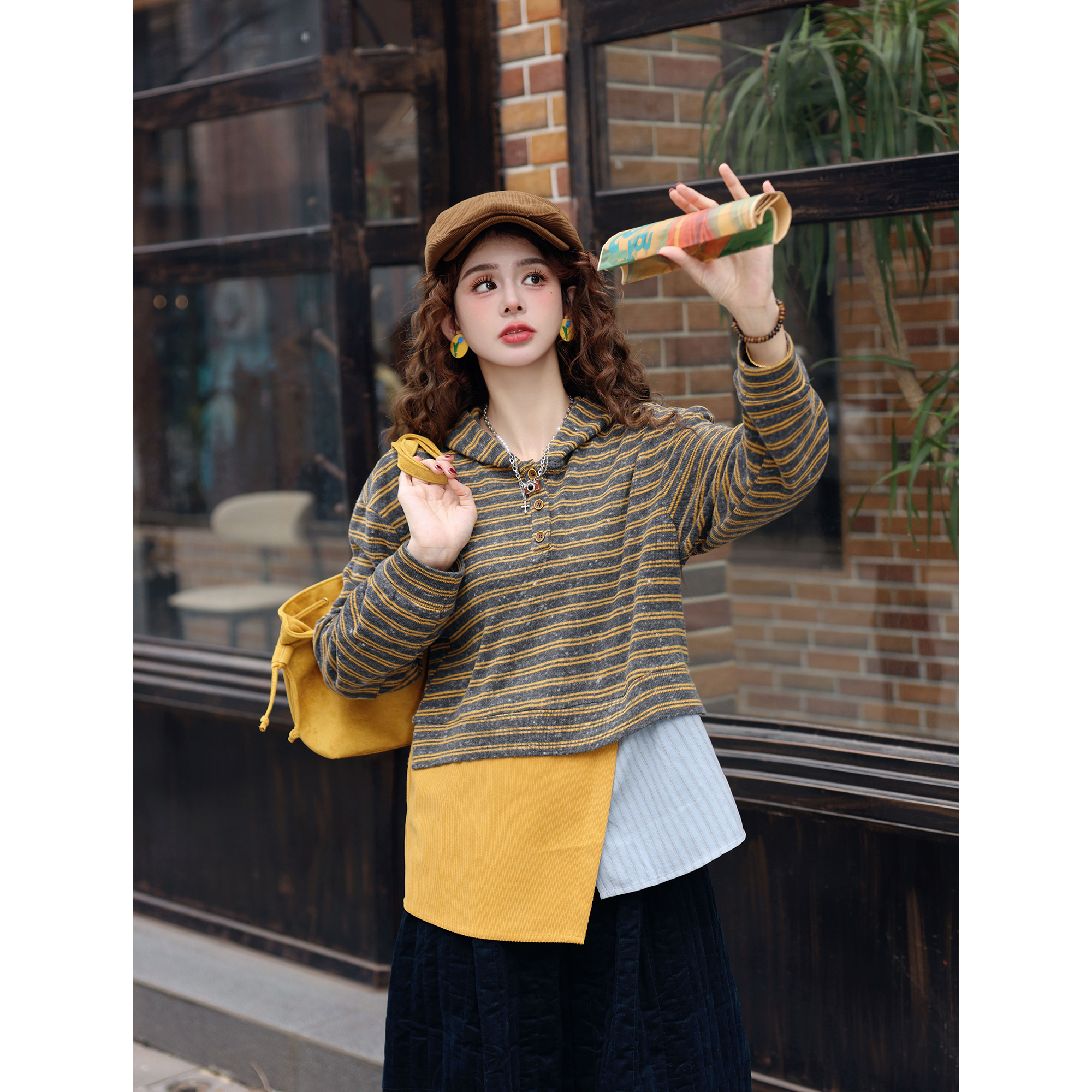 陈大器【烟灰细雨】港风复古连帽条纹套头宽松卫衣上衣JH5749211