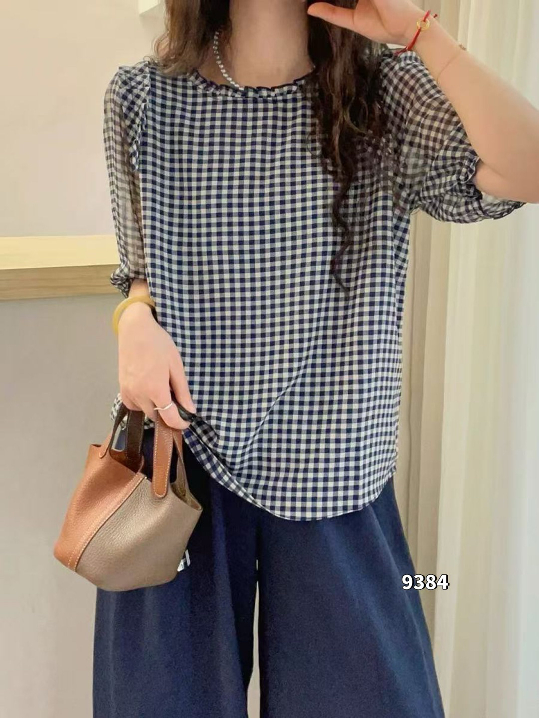 9384 夏季新款小格子花边衬衫